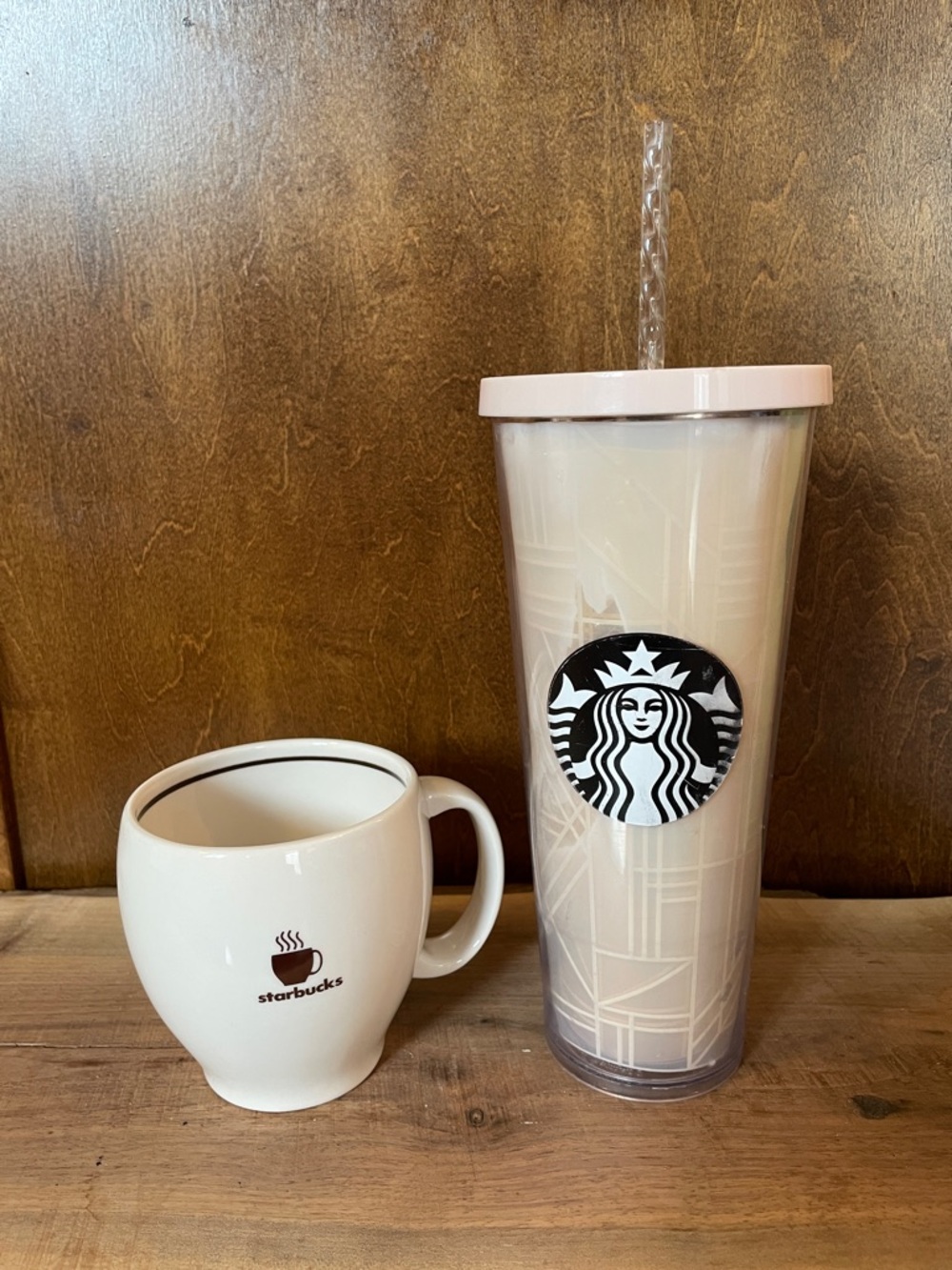 Starbucks Pale Pink and White Tumbler and Ceramic Mug Set
